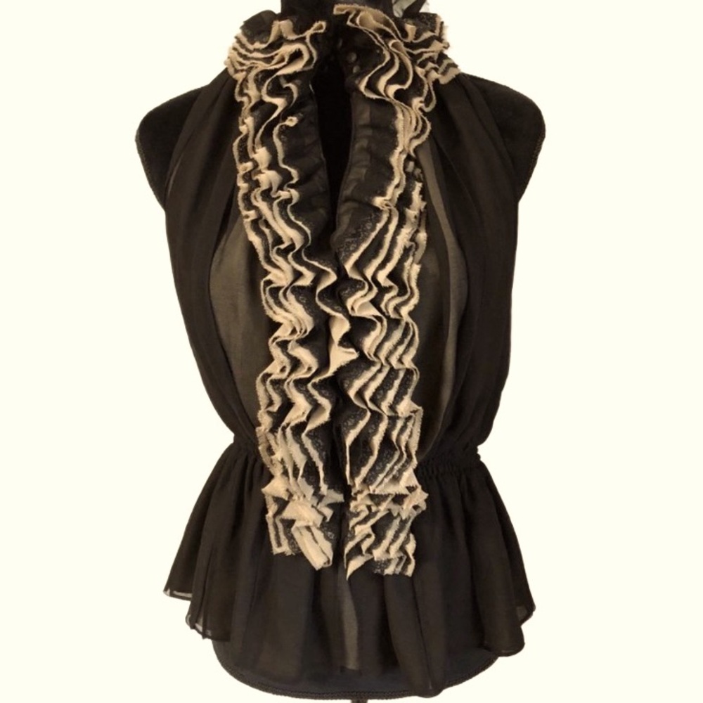 Robert Rodriguez Black and Tan Lace Ruffled Sleeveless Blouse Size XS